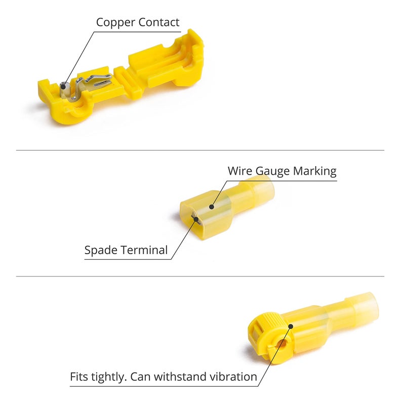 Wirefy 120 PCS T Tap Wire Connectors - Quick Splice Wire Connectors - for Low Voltage Usage - Quick Disconnect Wire Taps - Yellow 12-10 AWG - Image 2
